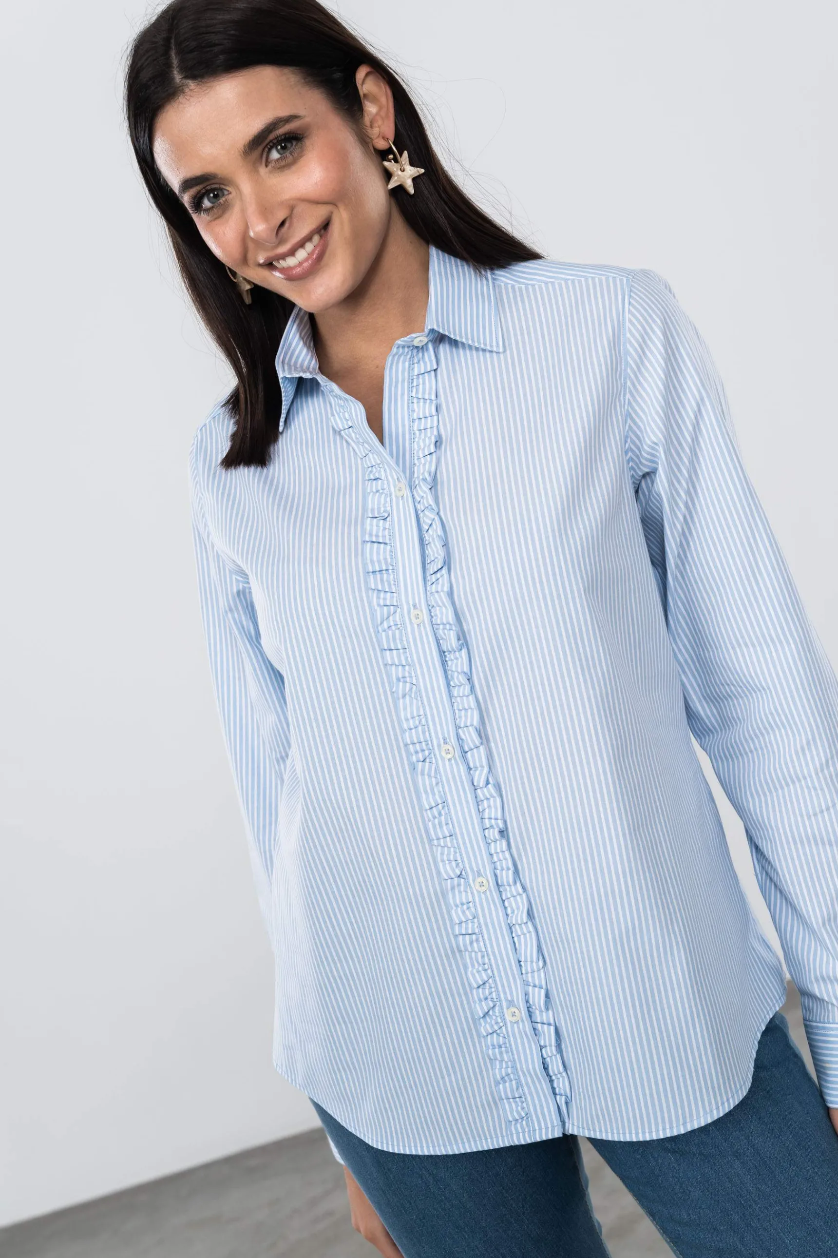 Precchio Blusas Y Camisas<CAMISA VOLANTITO RAYAS