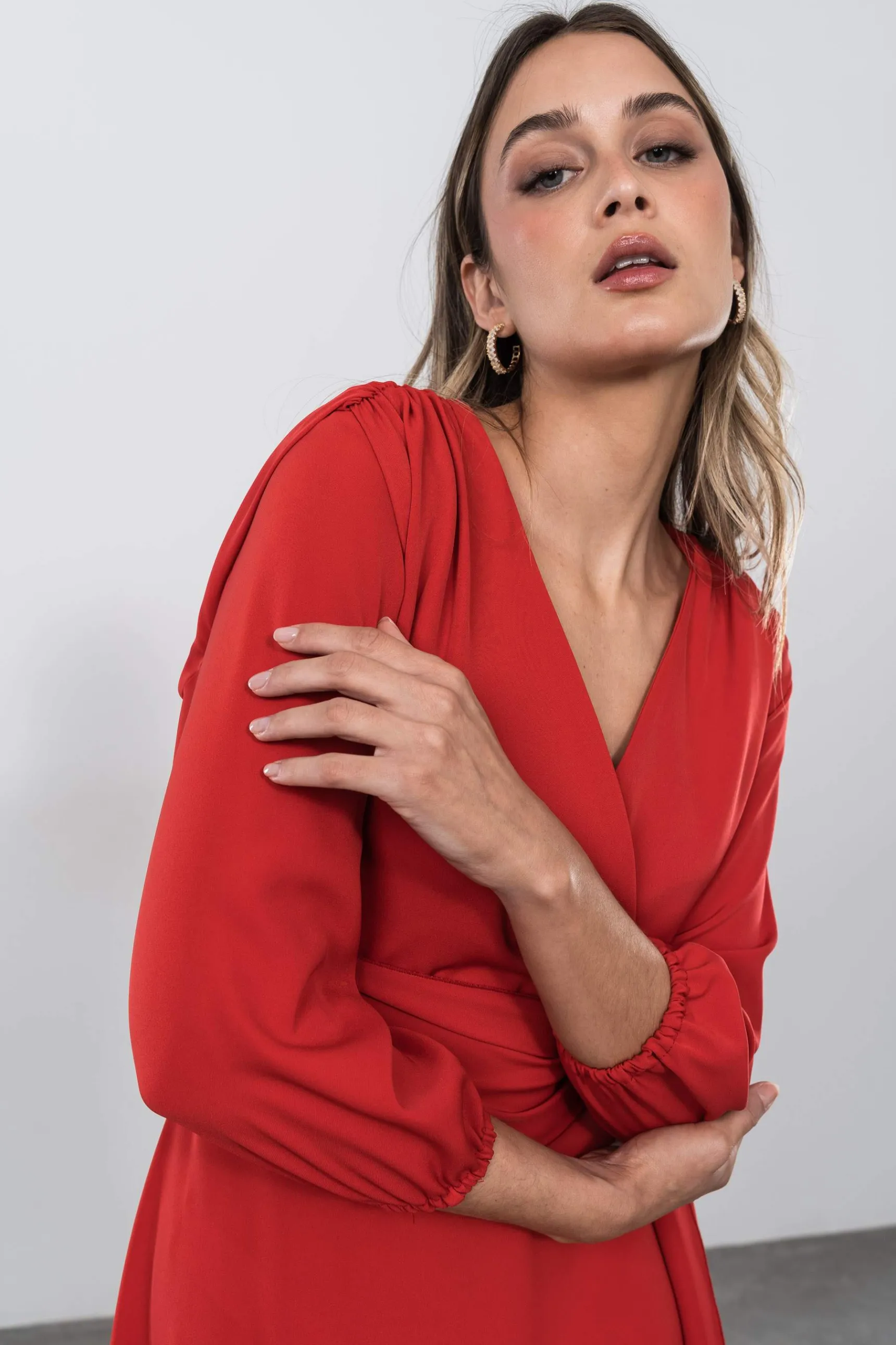 vestido_lazo_manga_france_6.webp Precchio Vestidos<VESTIDO LAZO MANGA FRANCESA ROJO