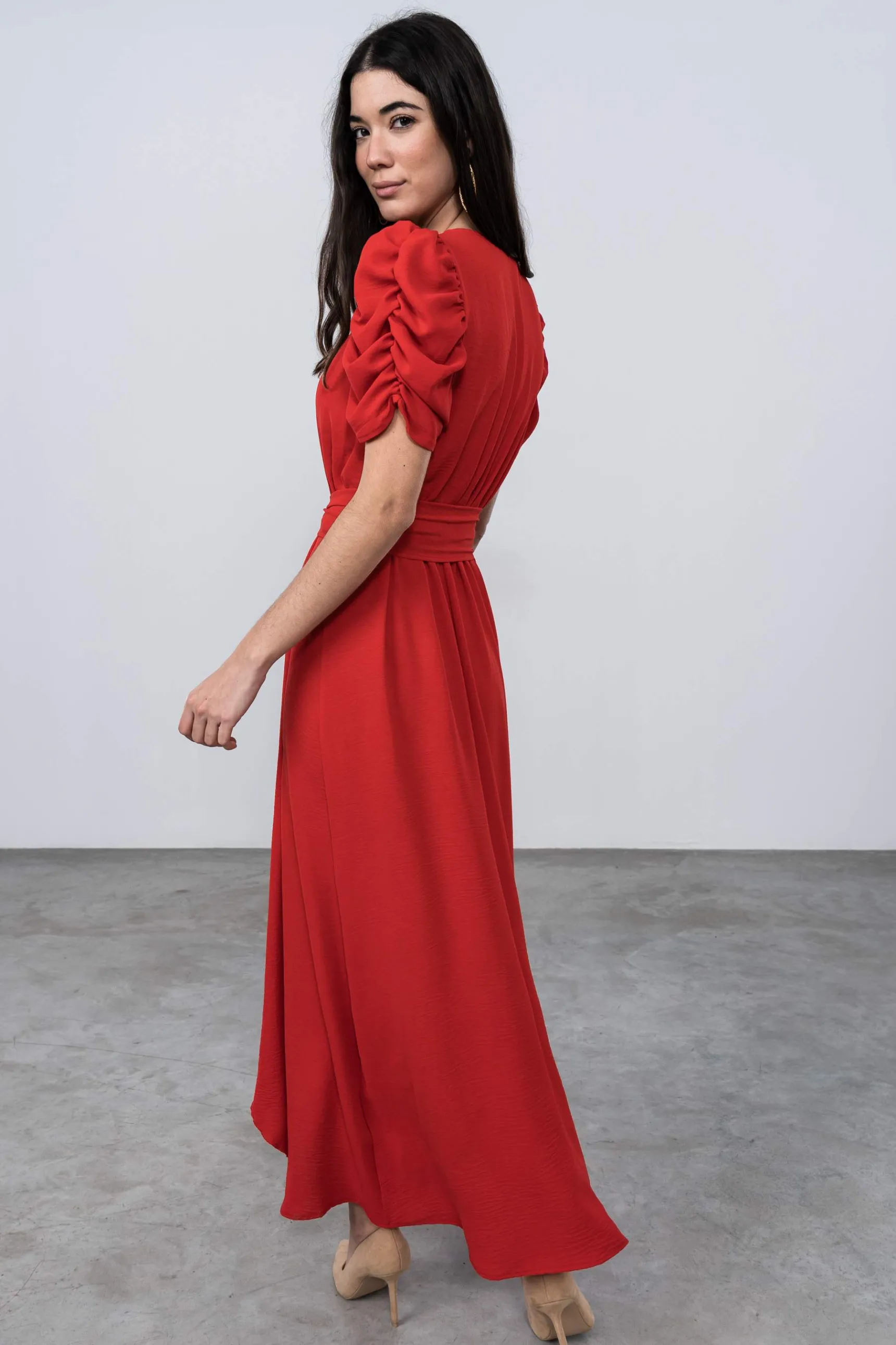 vestido_manga_frunces_roj_3.webp Precchio Vestidos<VESTIDO MANGA FRUNCES ROJO