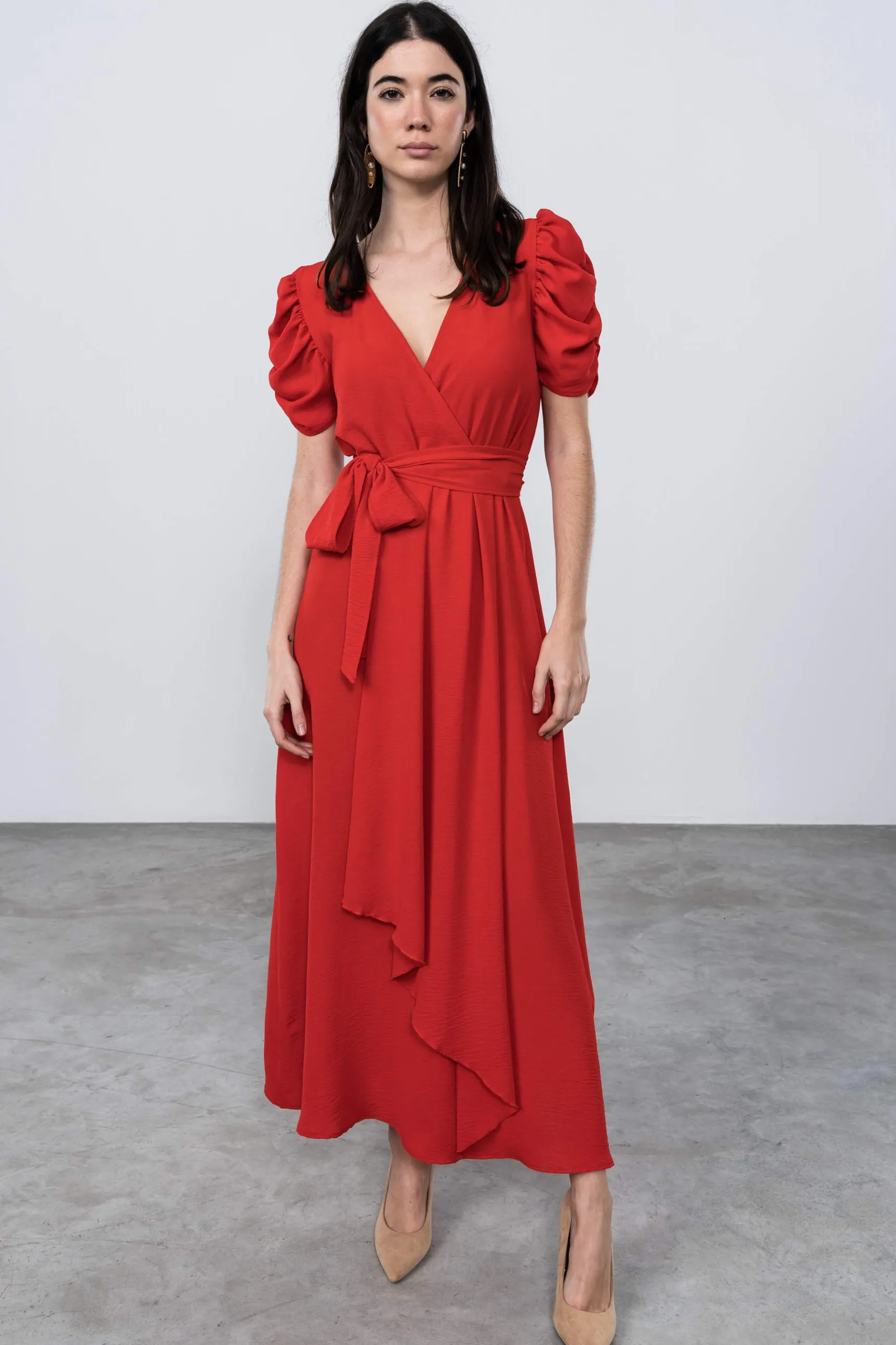 vestido_manga_frunces_roj_5.webp Precchio Vestidos<VESTIDO MANGA FRUNCES ROJO
